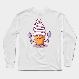 Cute Ice Cream Sitting And Holding Spoons Long Sleeve T-Shirt